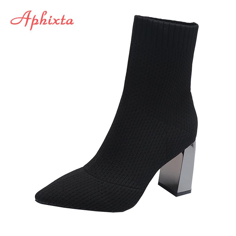 Fashion Aphixta Metal Blade Heels Socks Boots Women Stretch Fabric Elastic Stilettos Heel Pointed Toe Ankle Boots Shoes Woman Boats