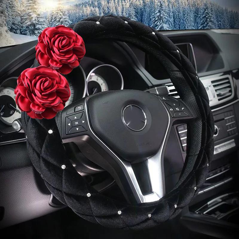 Rose Flower Women Car Steering Wheel Cover 37-38cm Universal Breathable Leather Anti-Slip Auto Steering Wheel Cover Interior