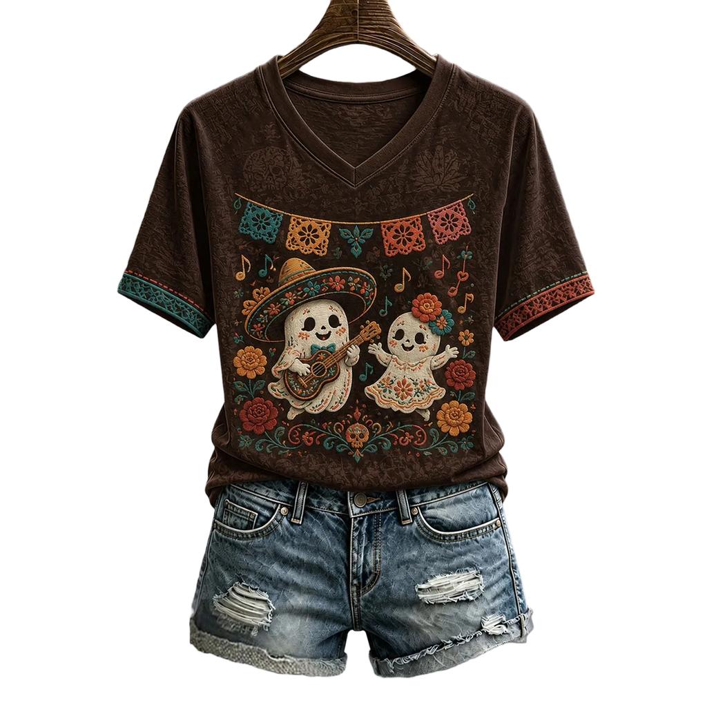 Women's Halloween Print V-Neck T-Shirt Casual Pullover Top