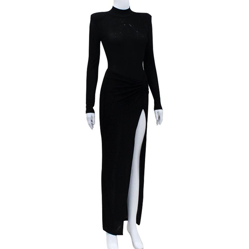 Women's Crewneck Long Sleeve Split Buttocks Sexy Elegant Temperament Mesh Beauty Evening Dress