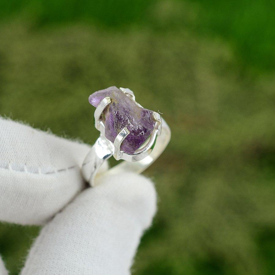 Birthday Gift For Her Natural Amethyst Rough Statement Ring Size 7.5 925 Silver 7.5