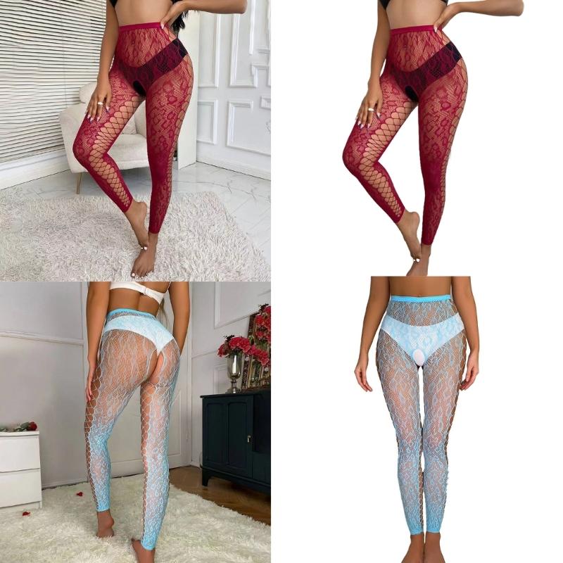Side Crisscross Hollow-Out Mesh Stockings Pantyhose for Women Sexy Crotch Opening Footless Fishnet Net Tights Leggings