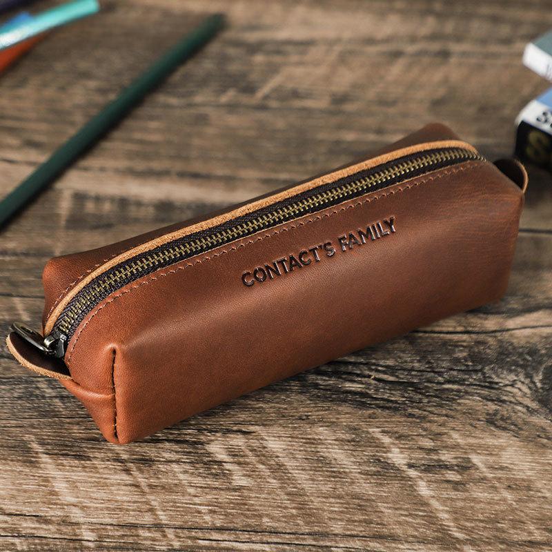Retro Leather Pencil Case Handmade Zipper Simple Student Stationery Storage Bag Square Ballpoint Pen Case