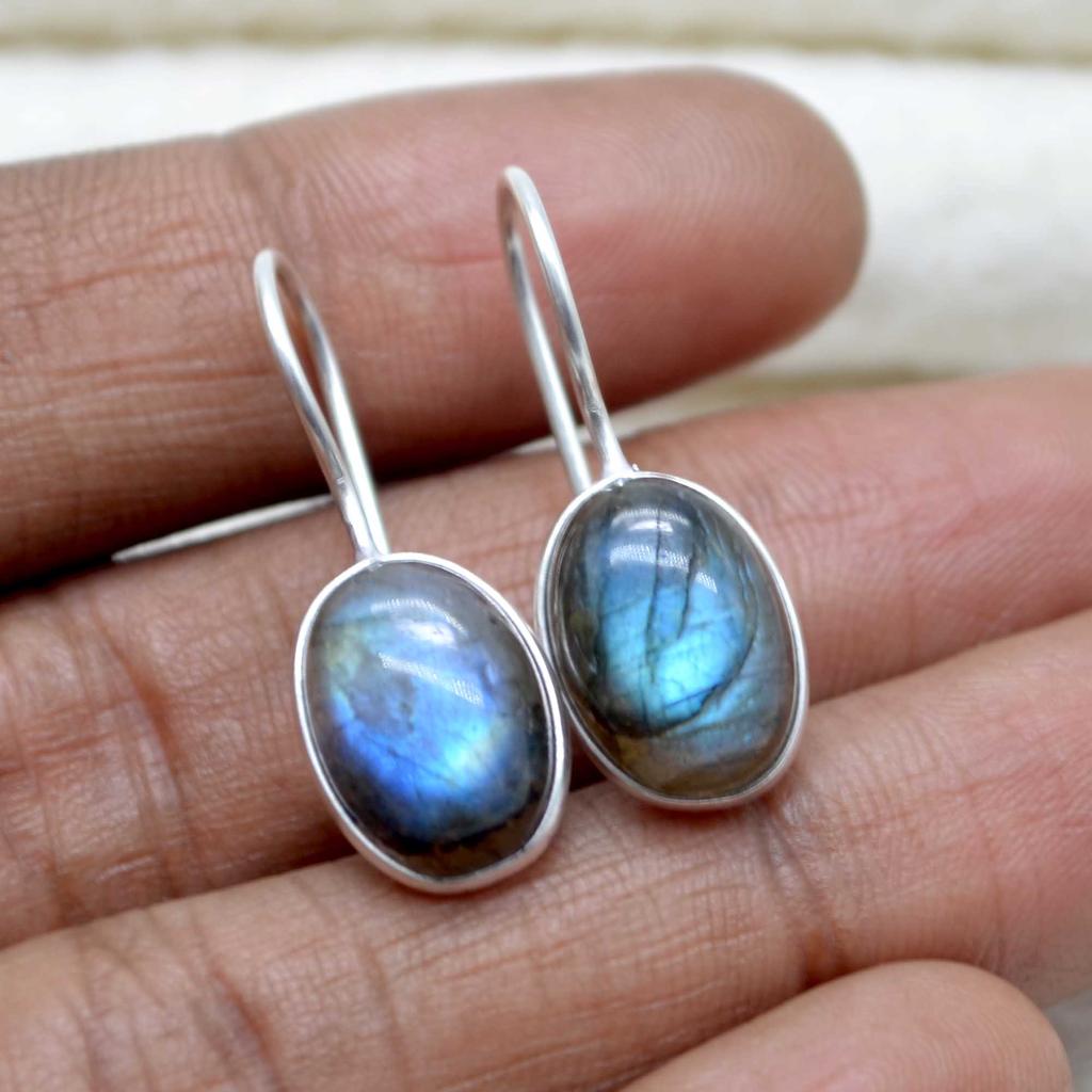 Labradorit 925 Sterlingové stříbro Visací náušnice, Drahokam Ručně vyráběné Visací náušnice
