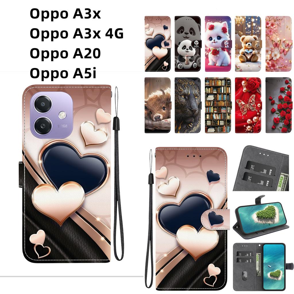 Handmade PU Leather Flip Case for Oppo A3x/Oppo A3x 4G/Oppo A20/Oppo A5i Anti-Slip Shockproof Cover with Wrist Strap & Heart/Rose Cat Designs