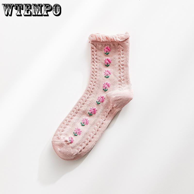 5pcs Socks Women Spring and Summer Jk Mid-calf Socks Wooden Ear Edge Japanese Cute Flower Girl Socks Sweet Lolita Cotton Stockings