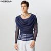 INCERUN Camisetas Tops de Fiesta Clubwear de Malla con Brillo y Volantes de Capas para Hombre con Cuello Swing y Manga Larga
