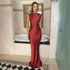 European and American New Satin Sleeveless Fishtail Dress Long Skirt Diagonal Cut Swing Collar Waist Fold Slim Hip Skirt