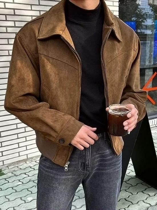 Korean Men's Suede Bomber Jacket: Autumn/Winter, Short, Loose, Thickened, Lapel, Zipper, Hong Kong Style.