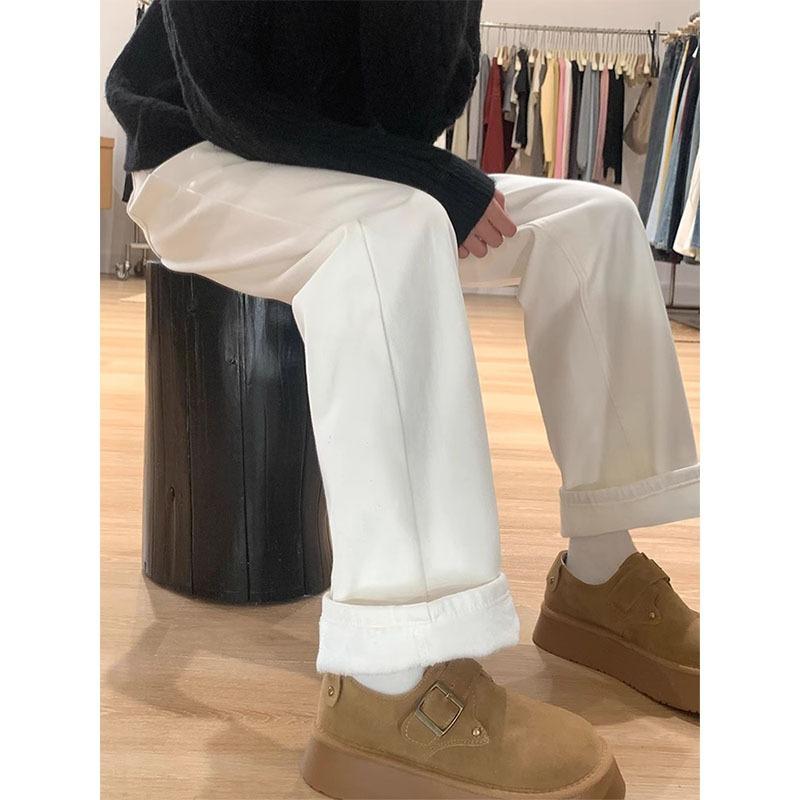 Fleece thickened white jeans women's autumn and winter new pear-shaped loose and thin straight trousers