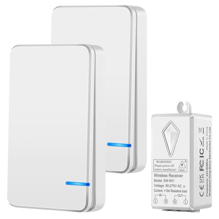 AIMOONSA Interrupteur sans fil 433 MHz - Pack 2 émetteurs + 1 récepteur, IP66, 10 A, ≤1000 W