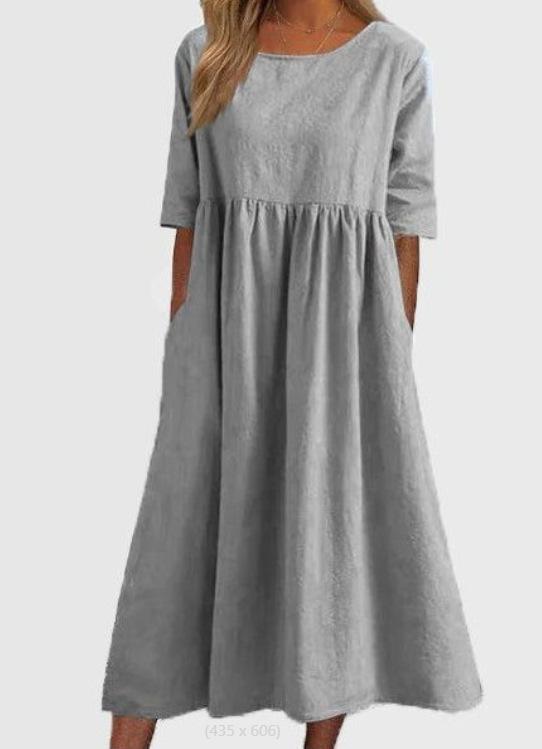 Cross-border foreign trade spring and summer new round neck 5-point sleeve large size casual loose long solid color cotton and linen dress