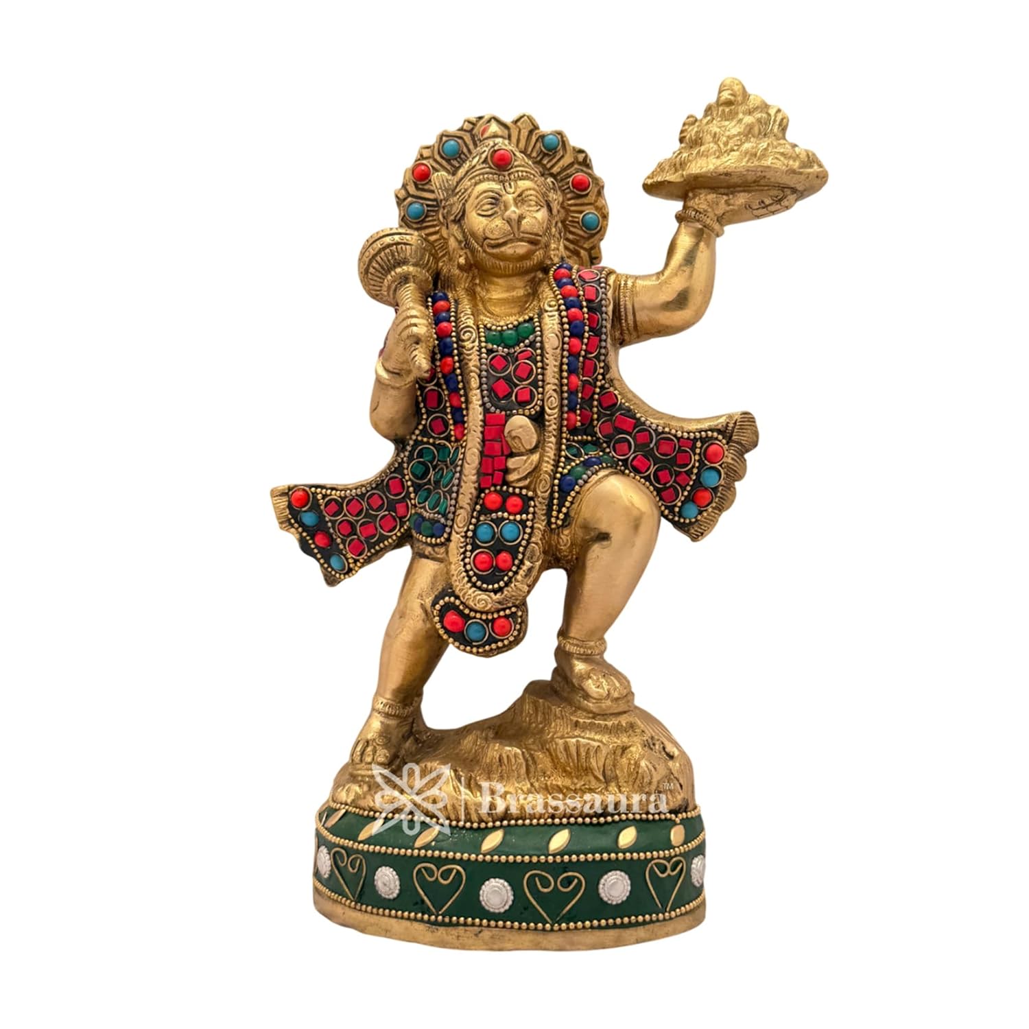 

Original Brass Gem Stone Work Mountain Hanuman Idol, Flying Bajrang Bali Statue