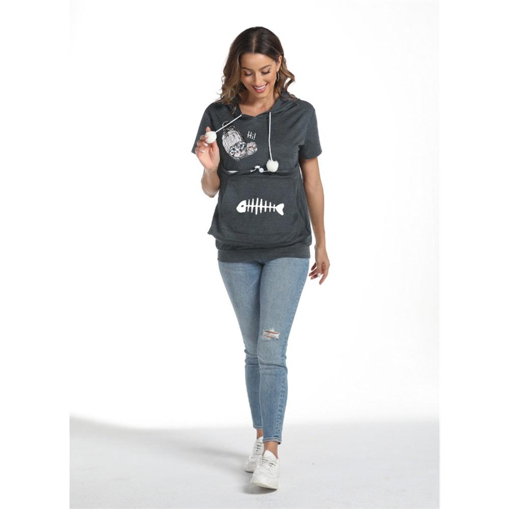 Women's summer short-sleeved large pocket cartoon printed casual drawstring hooded T-shirt