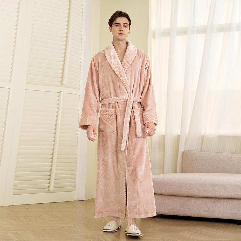 Men's Winter Shawl Collar Plush Fleece Bathrobe Soft Warm Long Sleeve Robe with Pockets Spa Robes for Men Comfortable Fluffy Homewear Sleepwear