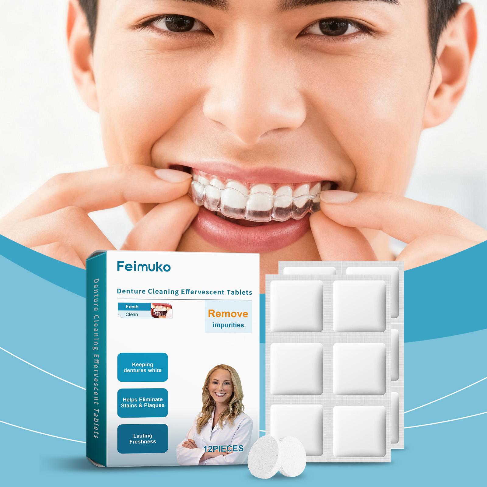 Feimuko Denture Cleaning Tablets 12Pcs  Remove Stains Plaque Keep Dentures White Fresh Clean 12pieces