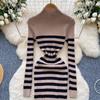 Pullover Kleider Frauen High Neck Herbst 2024 Sexy Slim Fit Farbe Blockiert Gestreiften Gestrickte Bodycon Kleid Streetwear Chic Kleider