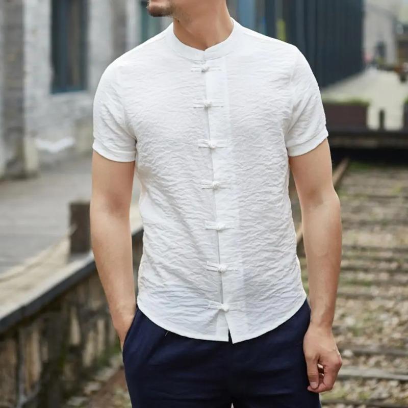 Chinese Shirt Stand Collar Men Summer Shirt Short Sleeve Traditional Chinese Style Summer Shirt Knot Buttons Men Clothes