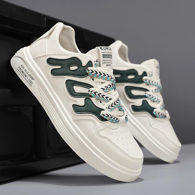 Sports Leather Surface Contrasting Color Breathable Flat Men'S Shoes Low-Top Lace-Up Daily Leisure Work Board Shoes