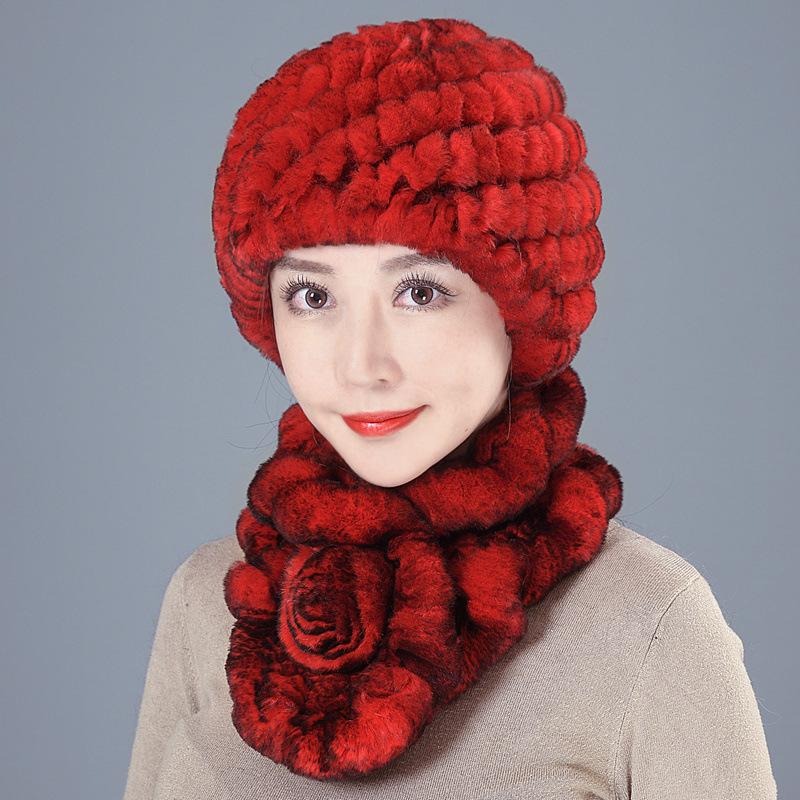 Middle-aged Rex rabbit hair hat female autumn and winter warm elderly grandmother ear protection fur mother wool scarf