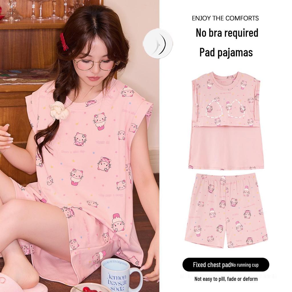 Women's 100% Cotton Summer Pajama Set - Sleeveless Tank & Shorts with Cute Cartoon Design and Chest Pads