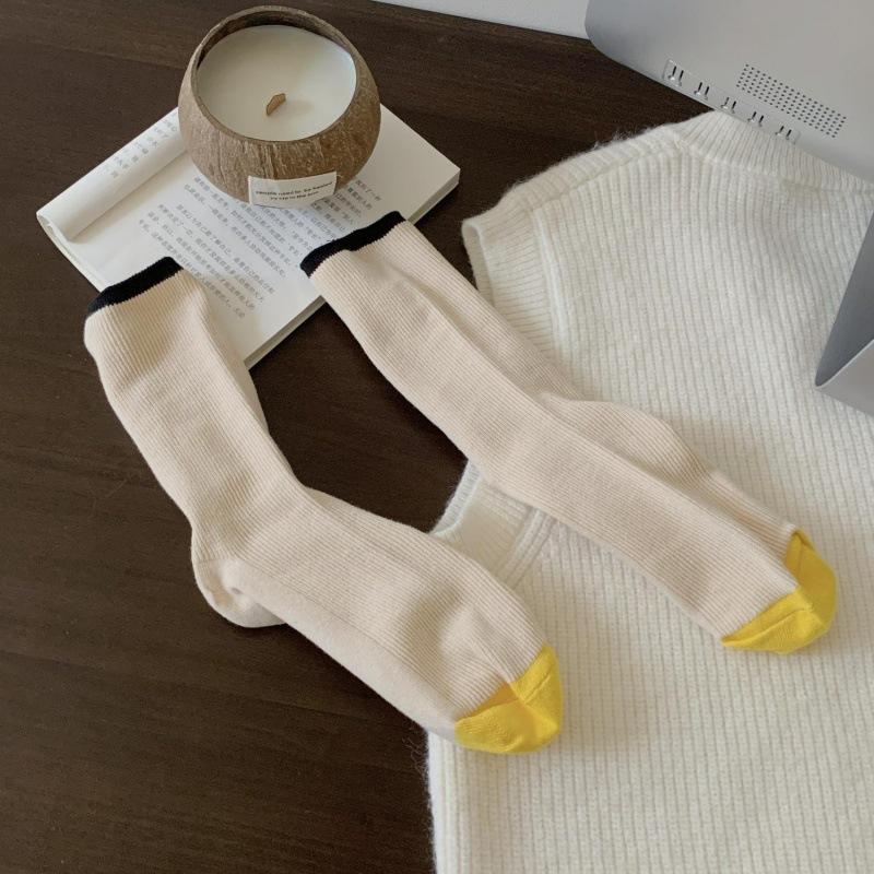 Socks Women'S Contrasting Color Trendy Socks Double Needle Pure Cotton Medium Tube Socks Drawing Casual Versatile Socks