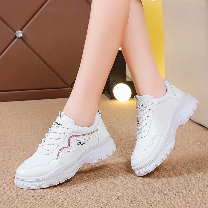 Women's Autumn New Versatile Leather Surface White Shoes Inner Height Increase Muffin Platform Sports Shoes