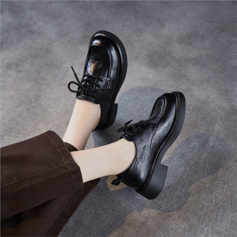 Johnature Pumps Round Toe Middle Heel Shoes Genuine Leather Lace-up Comfortable Soft Soled Thick Heel Shoes