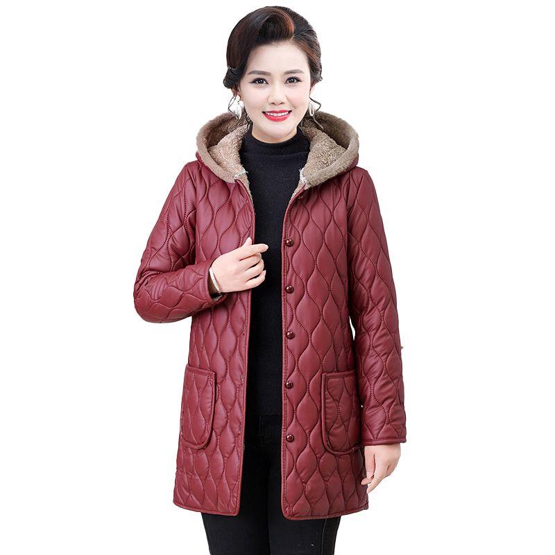 Mother's Mid-length Padded Jacket Winter Western Style Plus Velvet Thick Hooded Padded Jacket Fashion Middle-aged Jacket Padded Jacket