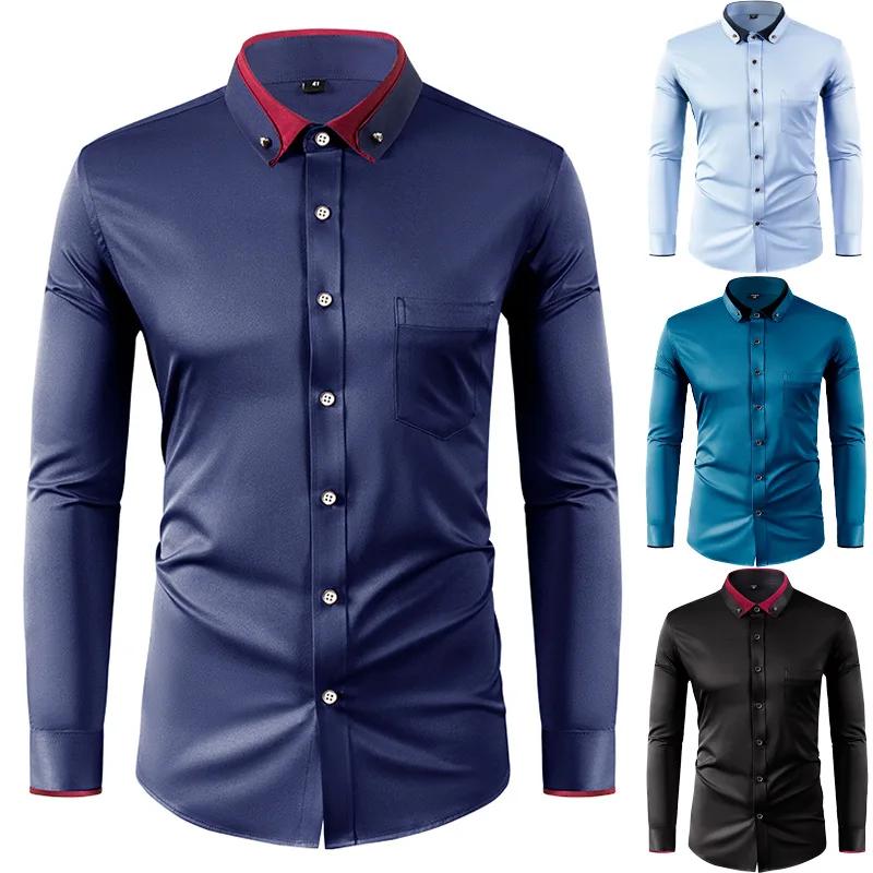 Elastic Shirt Men's Long Sleeved Diamond Buckle Contrasting Collar Design Solid Color Slim Fit Men's Shirt Men's Clothing