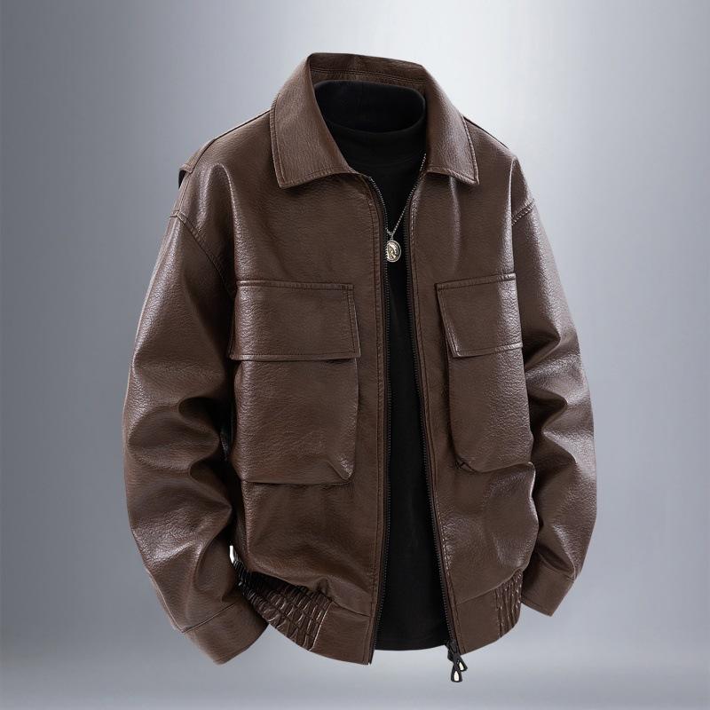 Spring and Autumn New PU Leather Jacket Men's Cycling Motorcycle Leather Jacket Men's American Street Retro Nostalgic Leather Casual