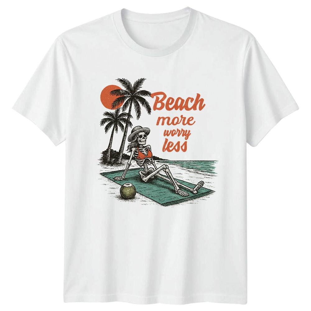 Beach More Worry Less Retro Skeleton Summer TShirt S