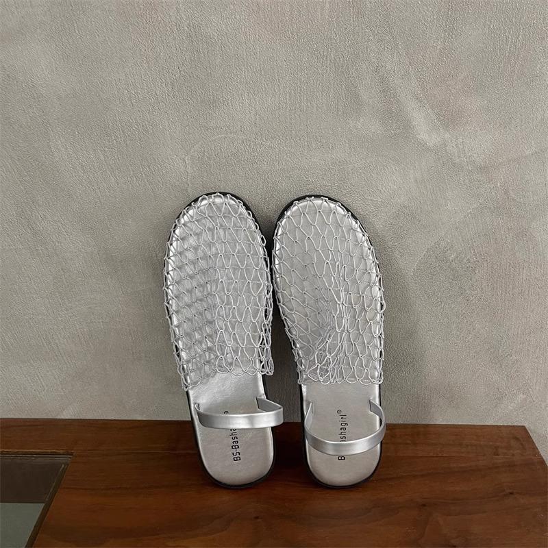 Retro Niche Design Flat-bottomed Bag Head Slippers 2025 New Fishing Net Hollow Sandals Korean Mesh Muller Shoes