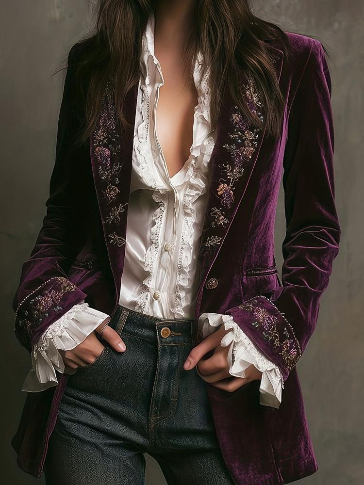 Retro Causal Long Sleeve Women's Outercoat Winter Elegant Patchwork Lace Velvet Slim Coat Vintage Pattern Boho Cardigan Jacket