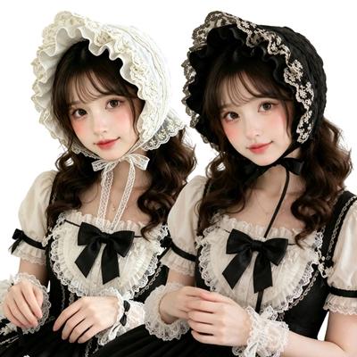 Cosplay Lace Bonnet Cap with Ruffled Flower Embroidery, Tie Ribbons, and Foldable Form for Anime Maid Outfit Ensembles