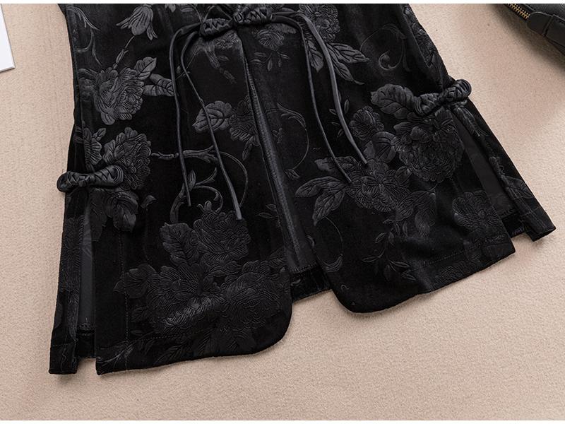 Women's Retro Gold Velvet Frog Button Vest - Black Sleeveless Waistcoat, Spring 2024