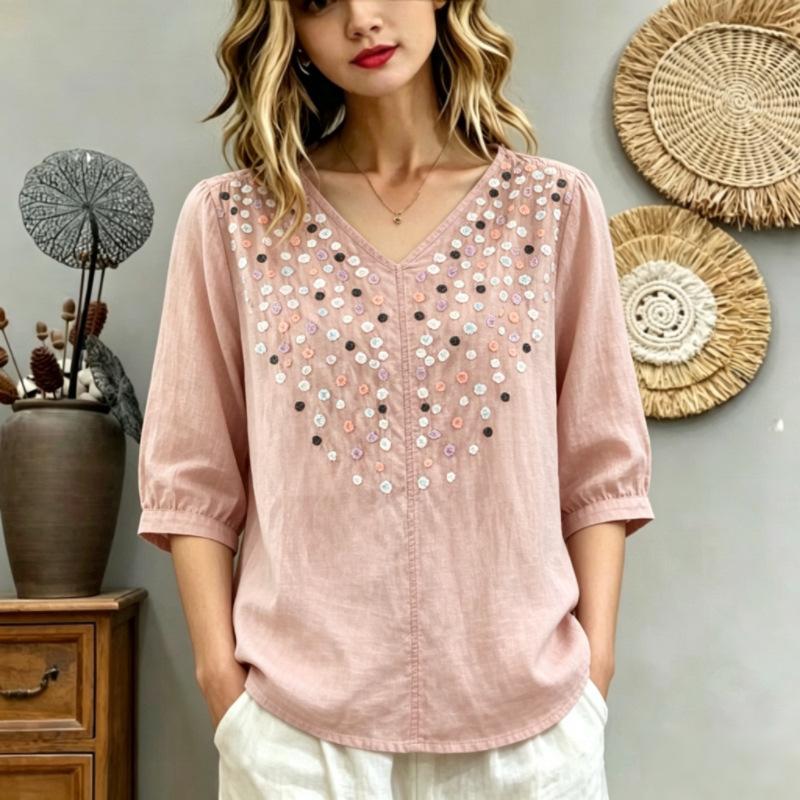 Women Linen Cotton Embroidered V Neck Short Sleeve Loose Shirt M