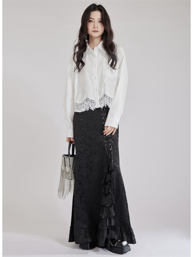 2025 Gothic Victorian Jacquard Fishtail Skirt with Lace-Up Detail
