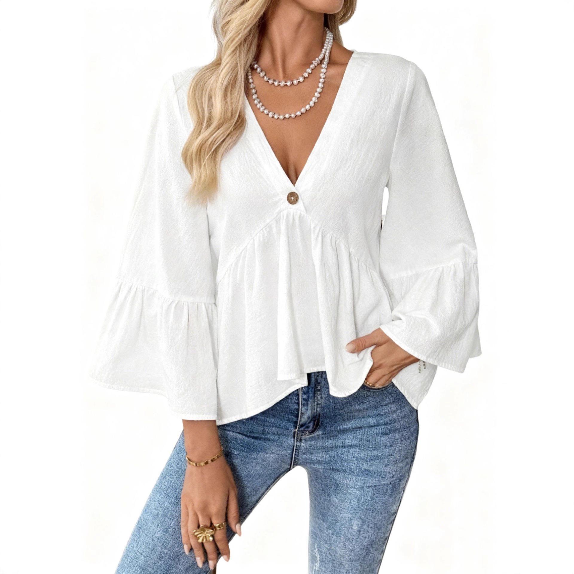 2026 Spring/summer women s new casual solid color V-neck ruffled sleeve cotton top S белый