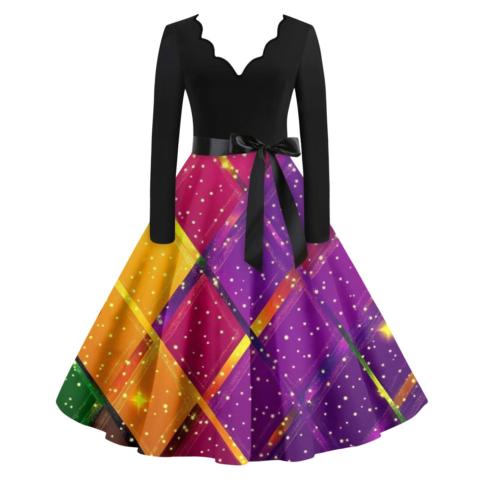 

Женское повседневное модное платье с V-образным вырезом и длинным рукавом с принтом в винтажном стиле XL