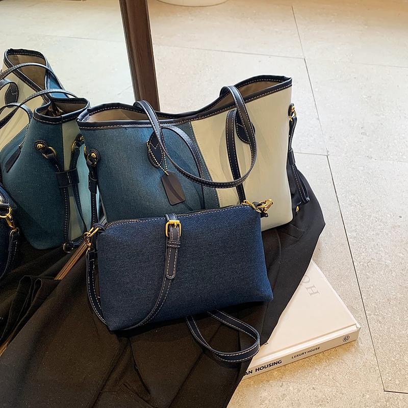 

Лоскутная сумка-тоут для женщин, большая вместимость, сумка-шоппер 2 в 1, джинсовая ткань, контрастный цвет, женская сумка 41x26x12cm светло-синий