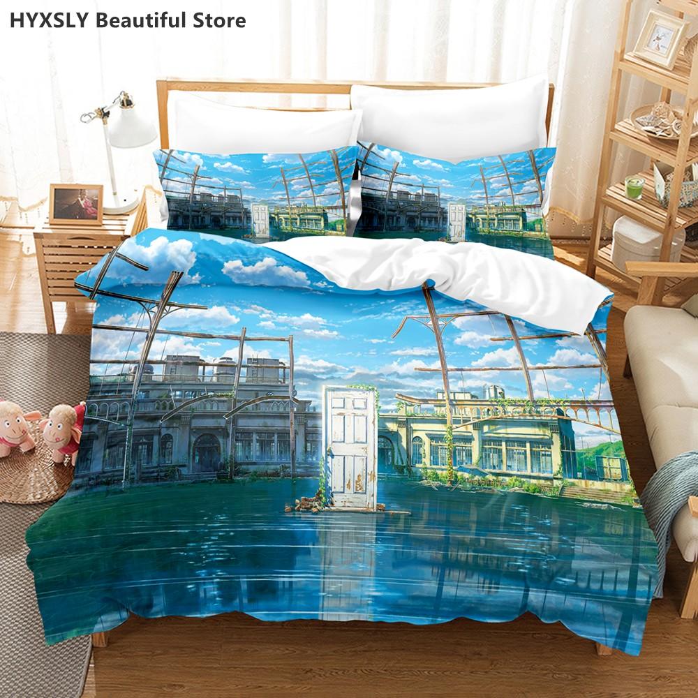 Suzume No Tojimari Bedding Set 3D Anime Polyester Quilt Cover Pillowcases Queen King For Kids Gift Cute Anime Duvet Cover Sets