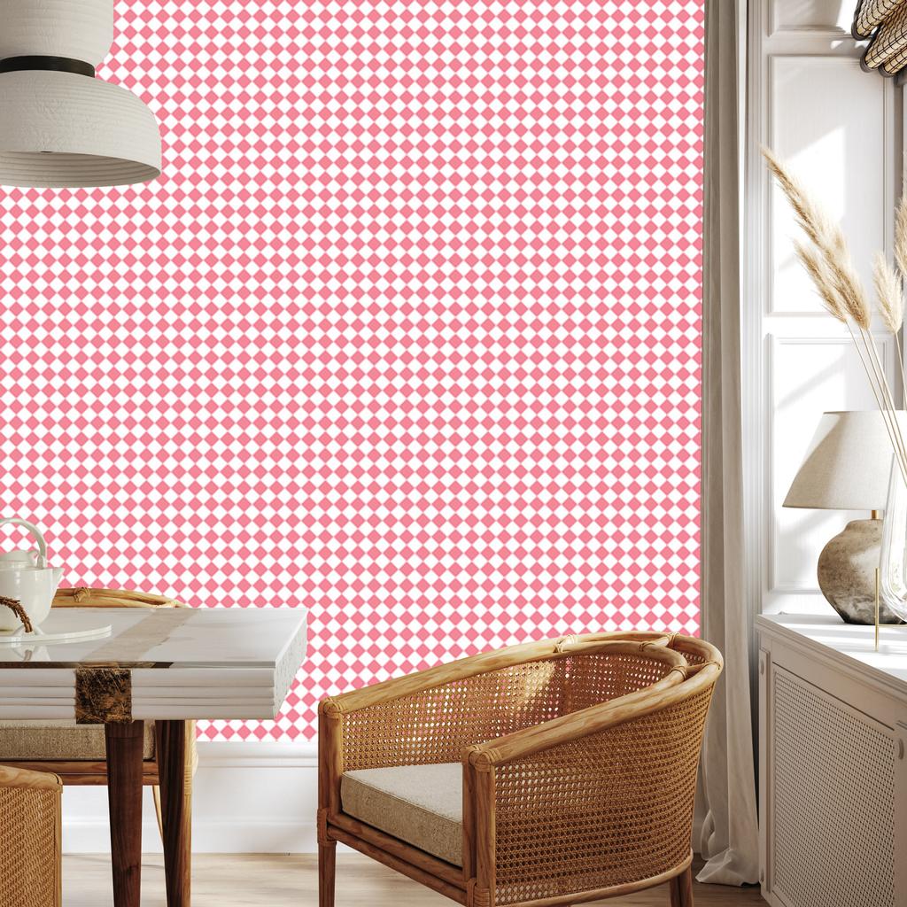 Geometric Rhombus Wallpaper Coral, White and Powder Pink 50x1000