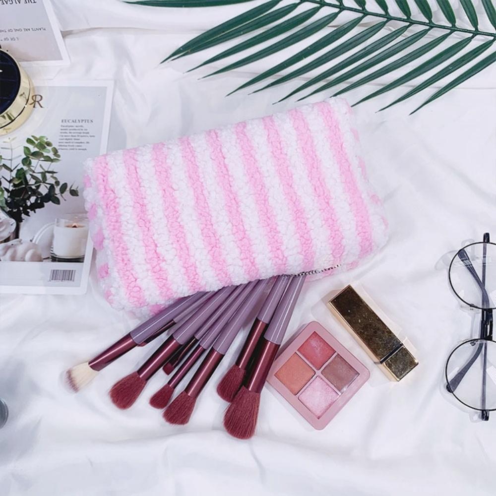 Winter Travel Cosmetic Bag For Men Women Soft Makeup Bag Stripe Beauty Toiletry Bag Makeup Brush Lipstick Storage Organizer