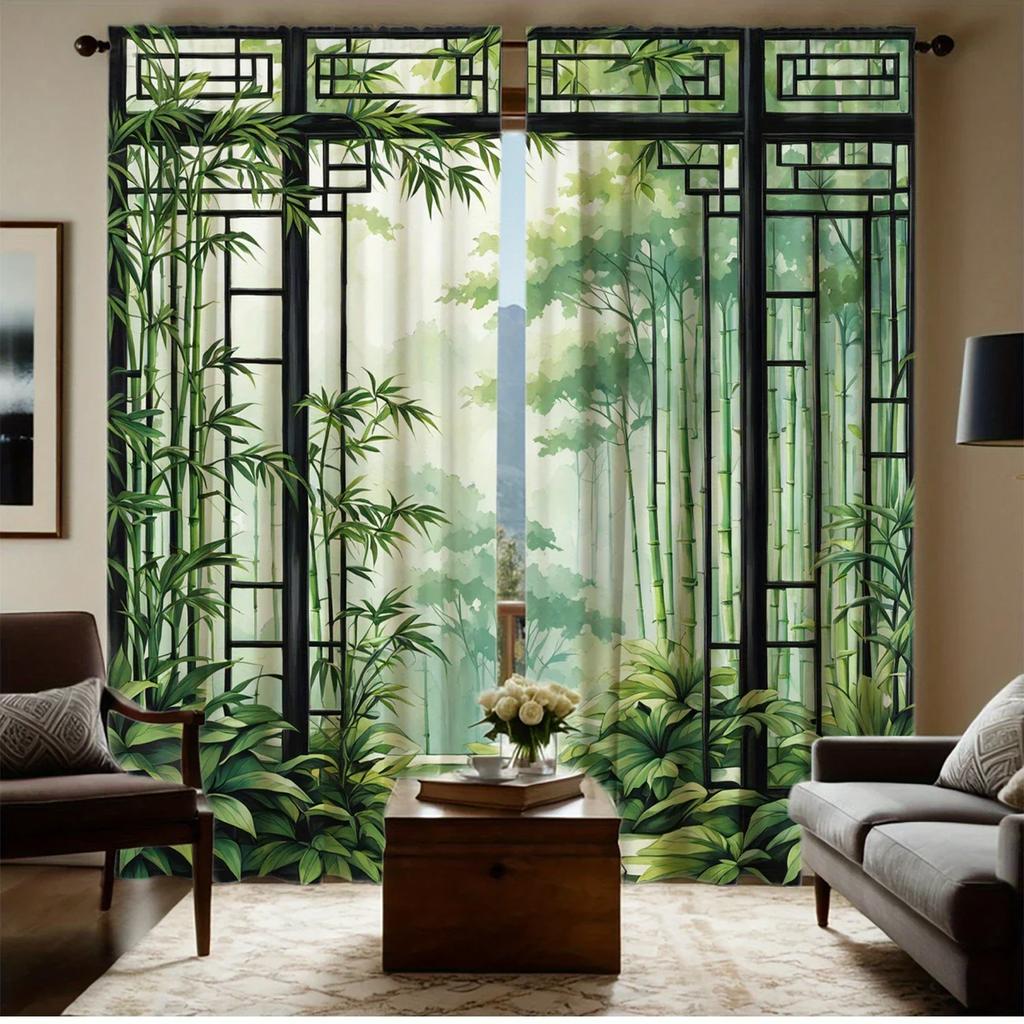 Set Of 2 Vikama Green Polyester Printed Curtains Living Room Bedroom Home Decoration Curtain Light Blocking With Rod Pocket Ideal For Great
