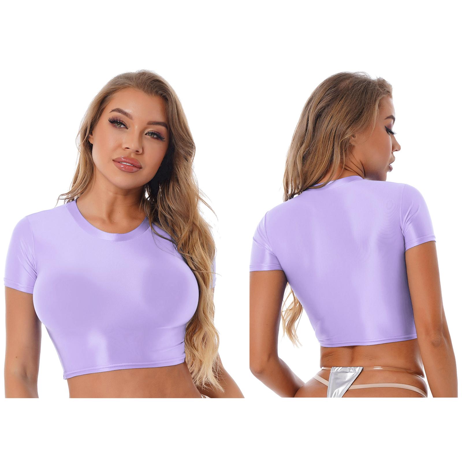 

Women Crop Top Tee Short Sleeve Round Neck Slim Fit Solid Color Sportswear Yoga Running Shirt XL лавандовий