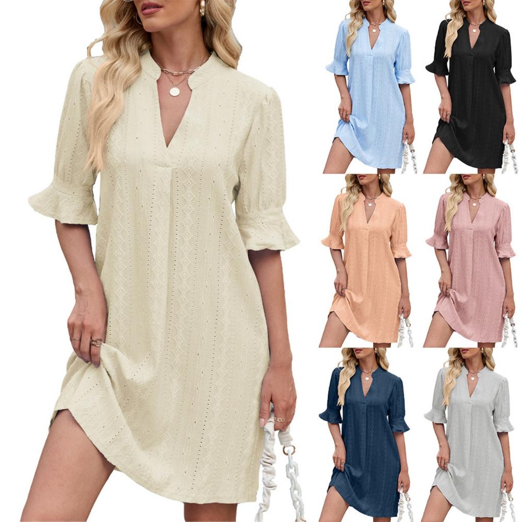 Summer Women's Fashion V Neck Flare Sleeve Casual Dress, European American Style Crossborder Women's Apparel