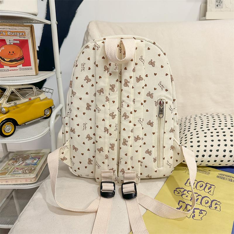 Women's Corduroy Backpack Large Capacity Bow Student Schoolbag