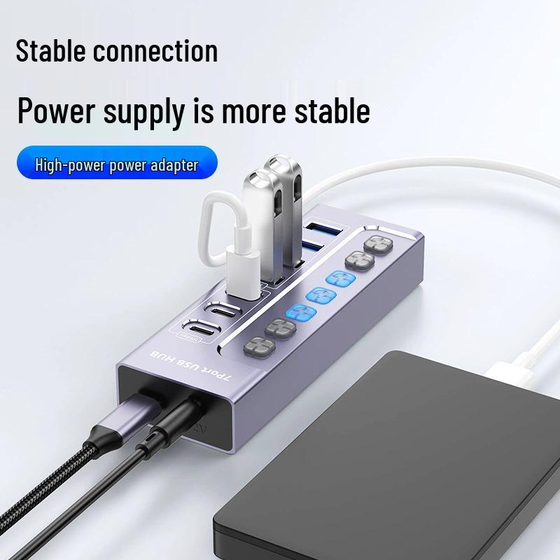 USB 3.0 7-Port Hub Splitter 10Gbps Docking Station with Independent Switches