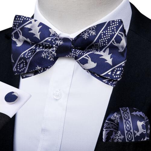 Conjunto de abotoaduras masculinas de seda azul ajustável com gravata borboleta Paisley floral Hanky